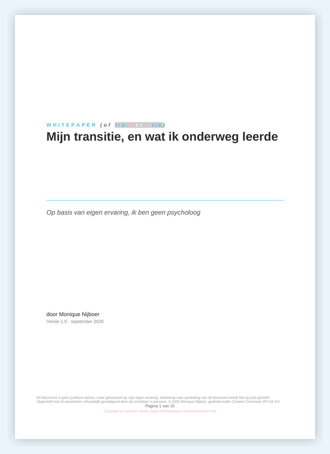 Titelpagina van de whitepaper: Mijn transitie, en wat ik onderweg leerde.